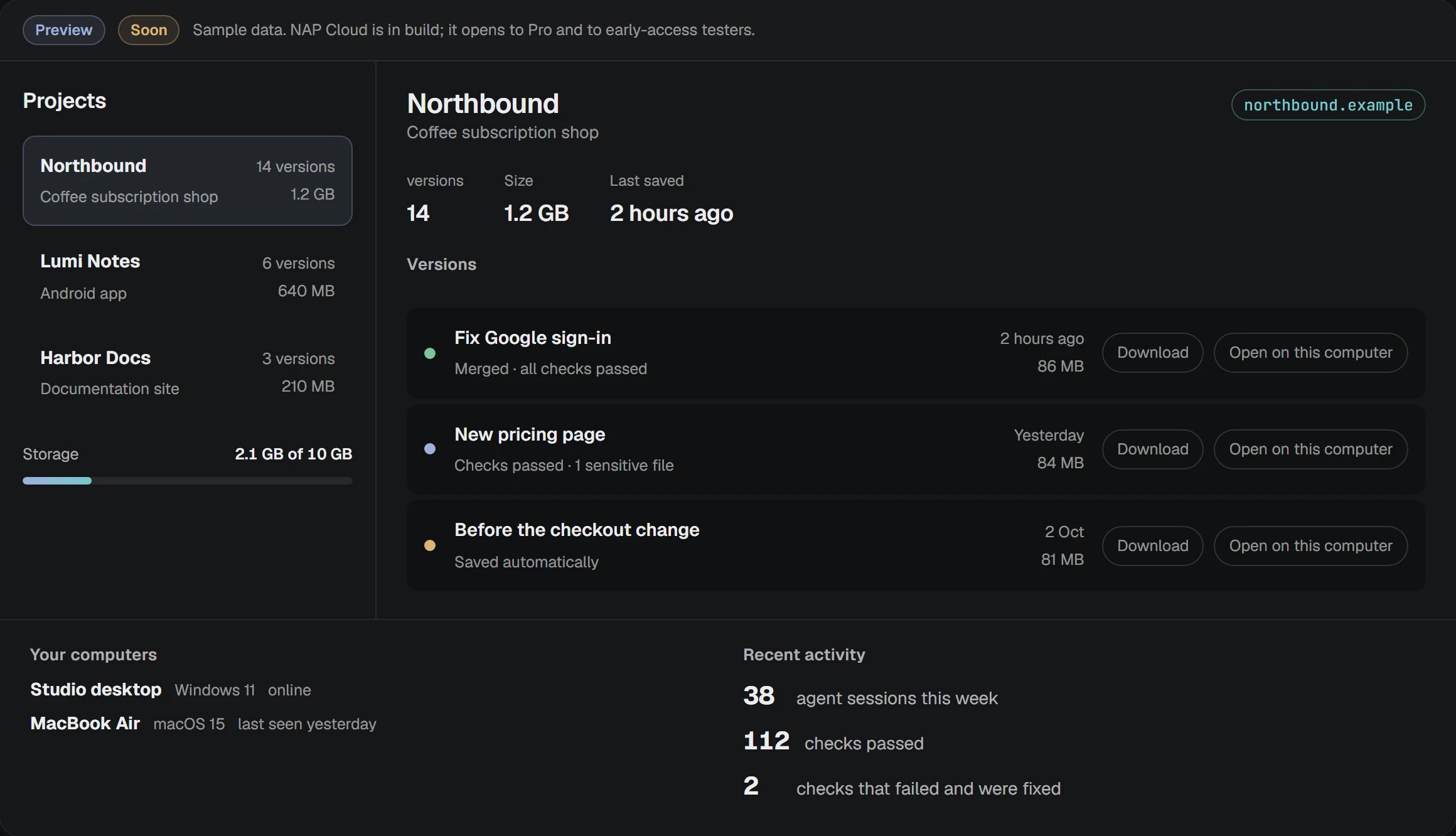NAP screenshot: the project dashboard on the website: projects, versions and storage used