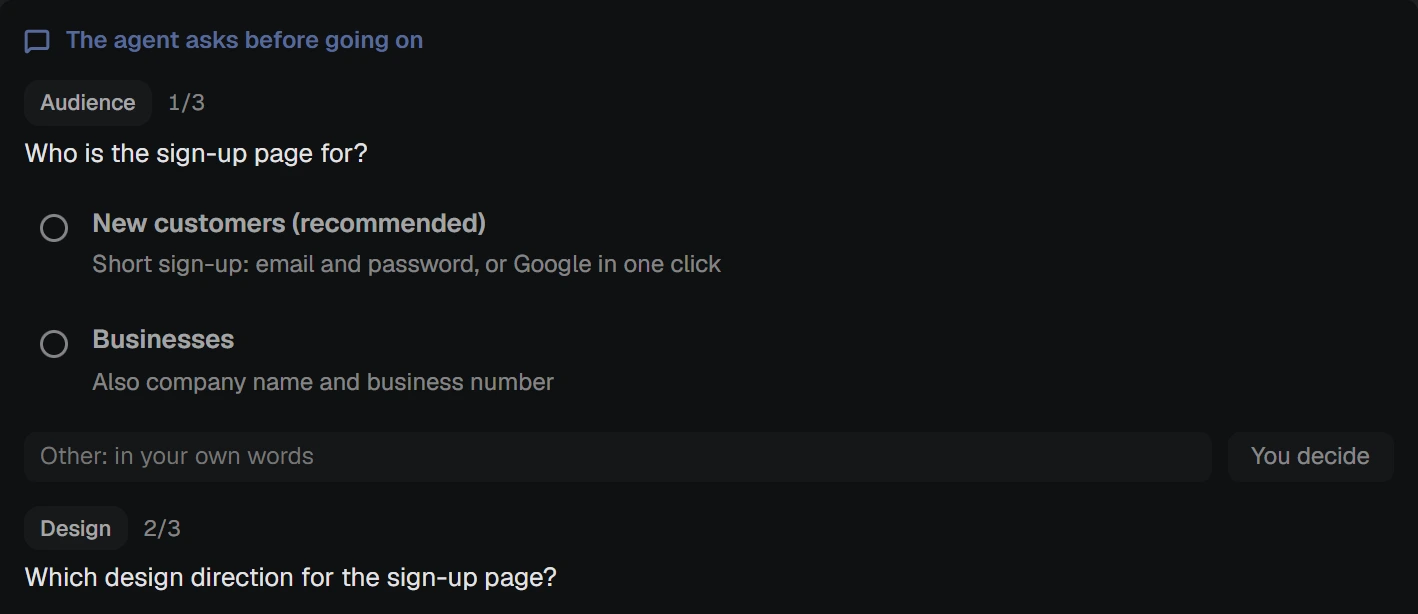 NAP screenshot: questions the agent asks before building
