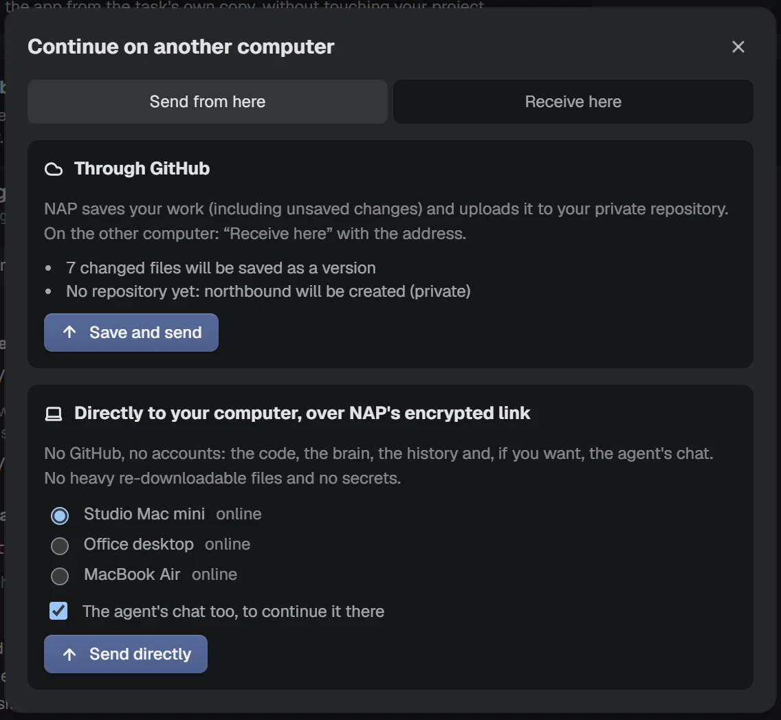NAP screenshot: continue on another computer, through GitHub or directly over NAP's encrypted link