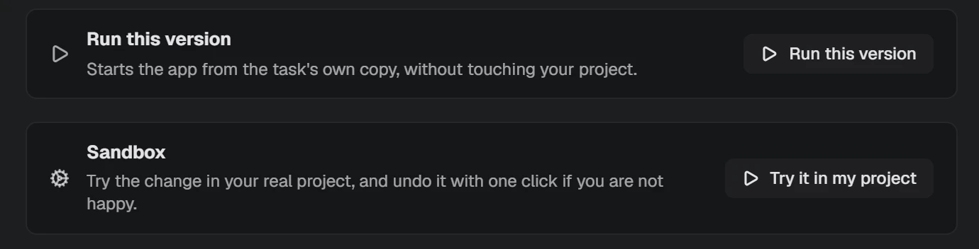 NAP screenshot: run this version and the sandbox: try a change in your real project, undo with one click