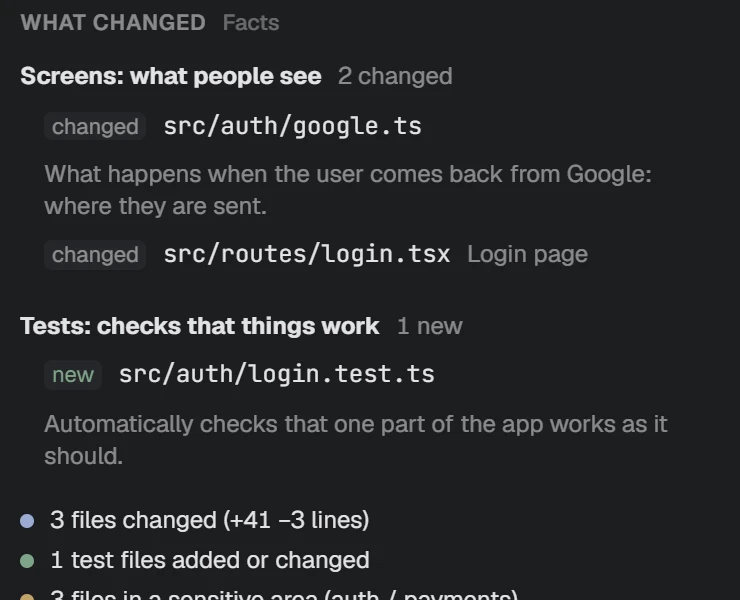 NAP screenshot: what a task changed, in plain words, by part of the app