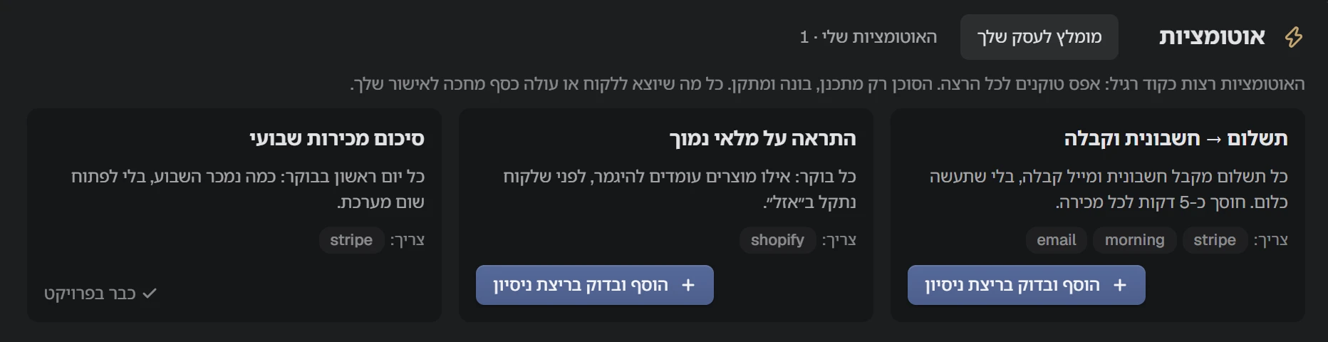 צילום מסך של NAP: אוטומציות מוצעות לעסק, כל אחת עם מה שהיא צריכה