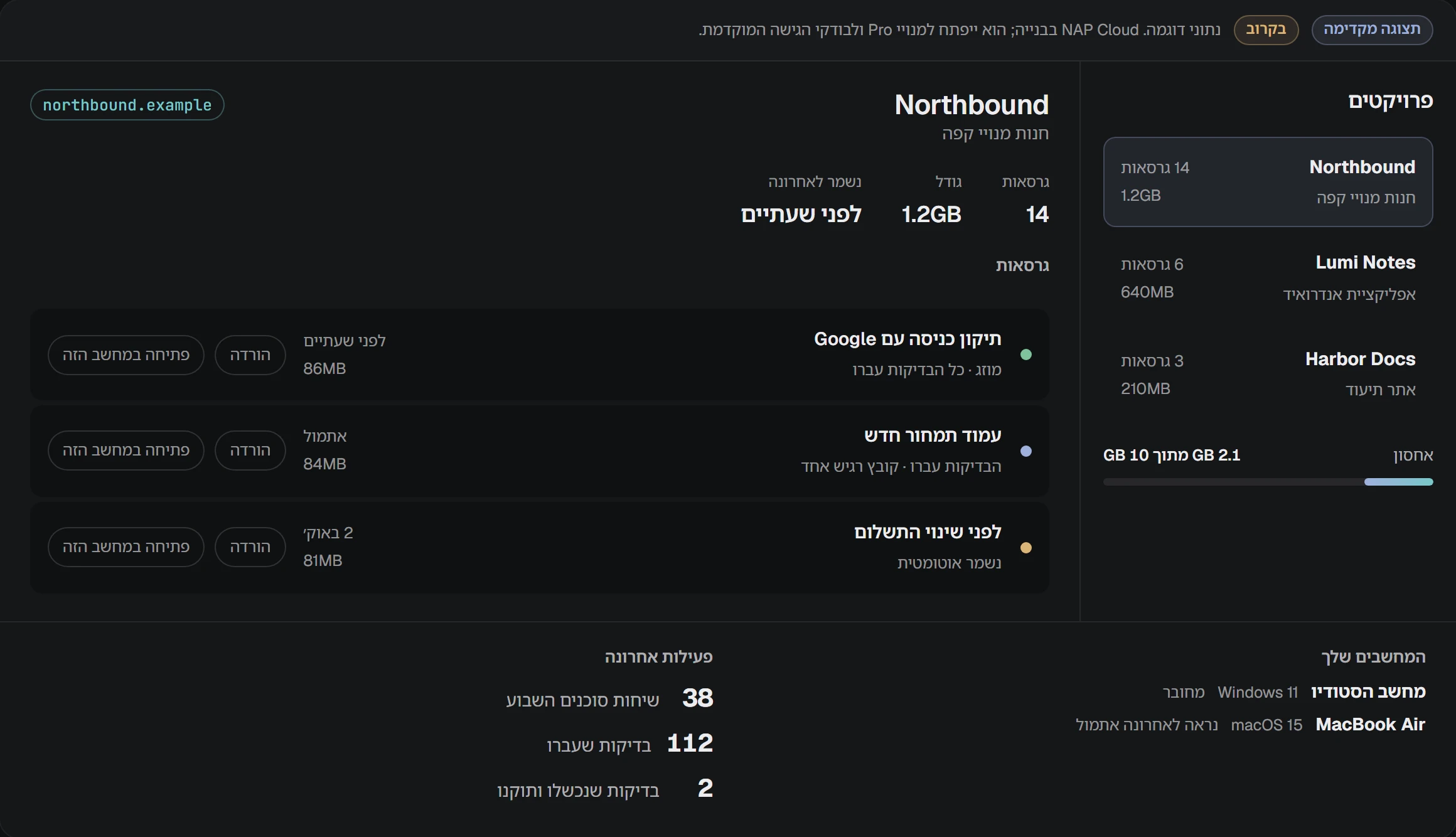 צילום מסך של NAP: לוח הפרויקטים באתר: פרויקטים, גרסאות והמקום שנוצל